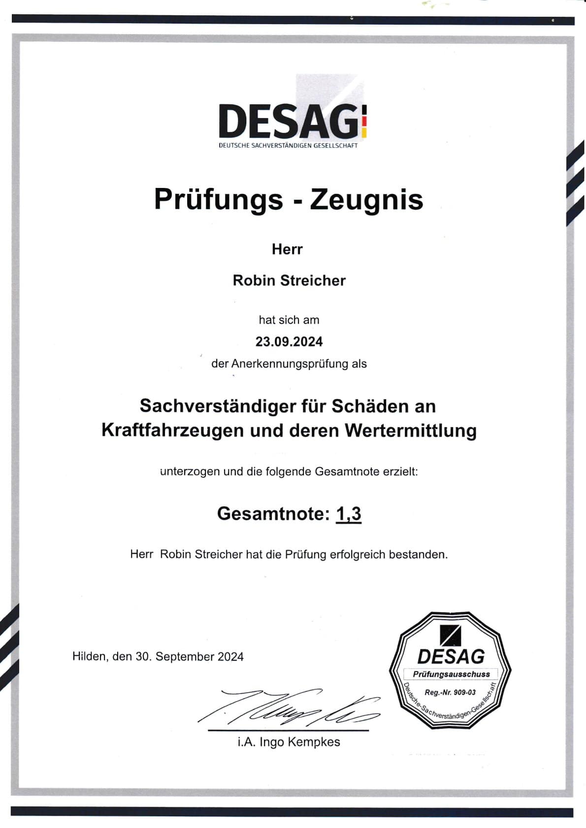 DESAG Prüfungs-Zeugnis